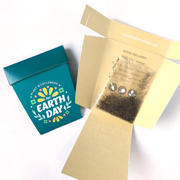 A wildflower seed packet shaped like a plant pot with Earth Day design.