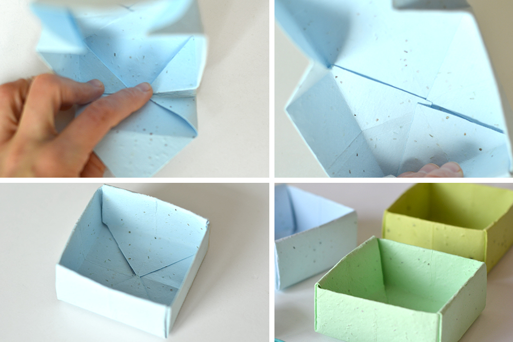 Folding pastel blue seed paper for a DIY gift box that's eco-friendly