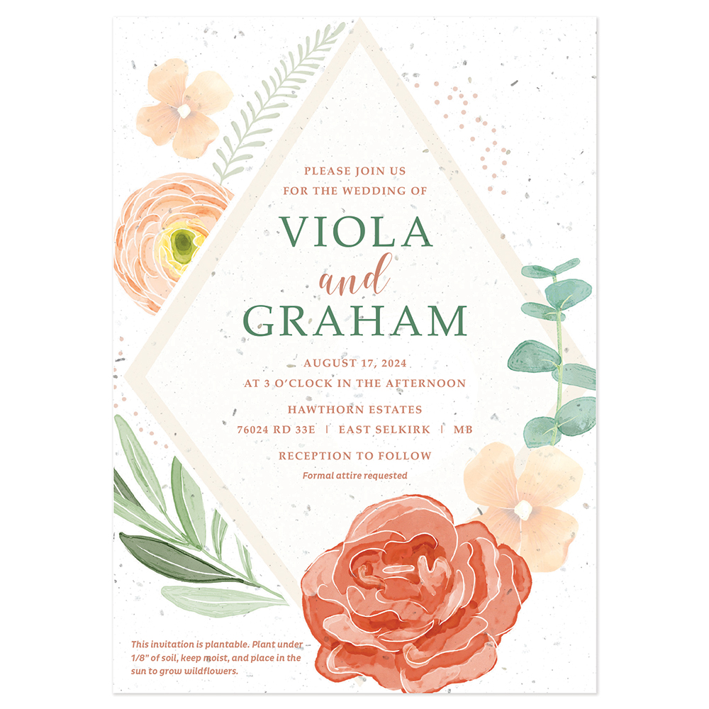Floral wedding invitation design on seed paper.