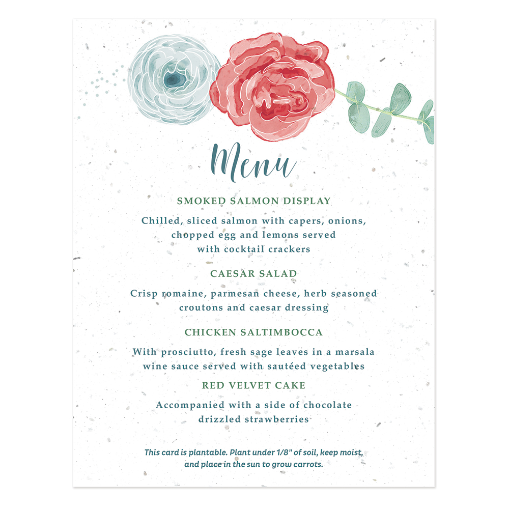 Floral menu card design on seed paper.