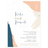 Artistic wedding invitation design with navy and peach colors shown on seed paper.