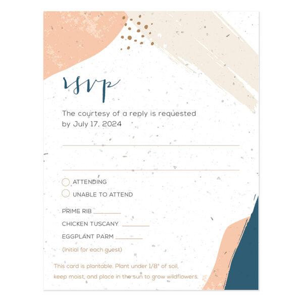 Artistic wedding reply card design with navy and peach colors shown on seed paper.