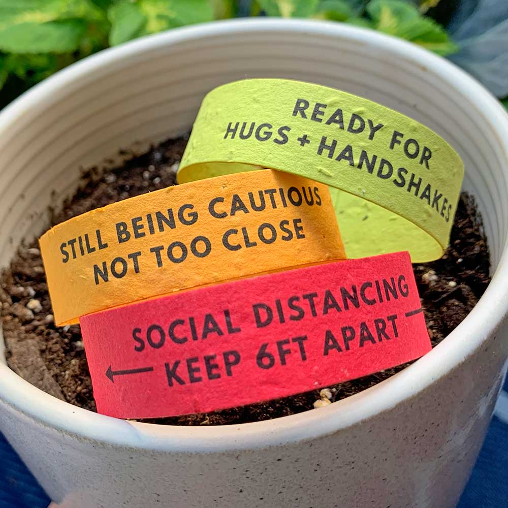 Social cues wristbands made with seed paper sitting in a pot of soil.