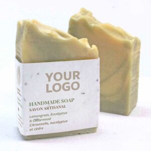 Photo of lemongrass handmade promotional soap with a seed paper logo you can add your logo to.