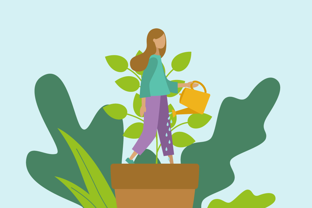 Graphic showing a person watering themself in a plant pot to symbolize personal growth