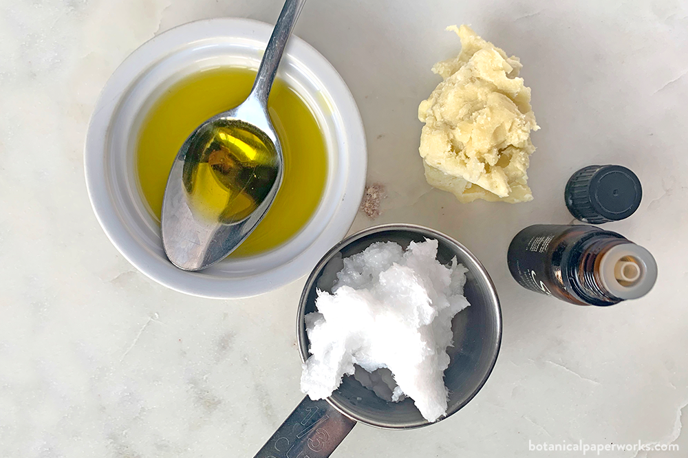 ingredients used to make handmade promotional soaps: shea butter, coconut oil, essential oil and olive oil