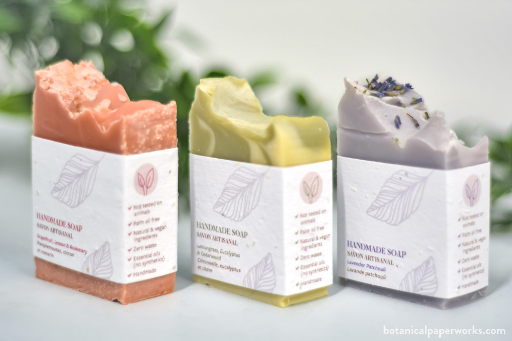 handmade, vegan, natural soaps by Botanical PaperWorks in 3 artisanal blends including lavender, lemongrass and grapefruit