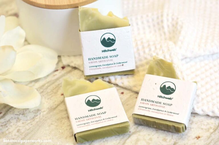 Hitchweb handmade promotional soaps wrapped in plantable seed paper