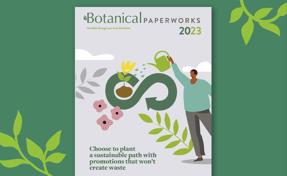 Cover showing the 2023 Plantable Promotions Catalog with illustration graphics symbolizing a circular economy and planting.