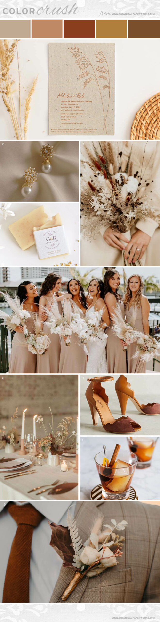  A wedding inspiration board with a color palette of copper, brown, latte, and almond. Featuring Wild Grass Seed Paper Wedding Invitations from Botanical PaperWorks.