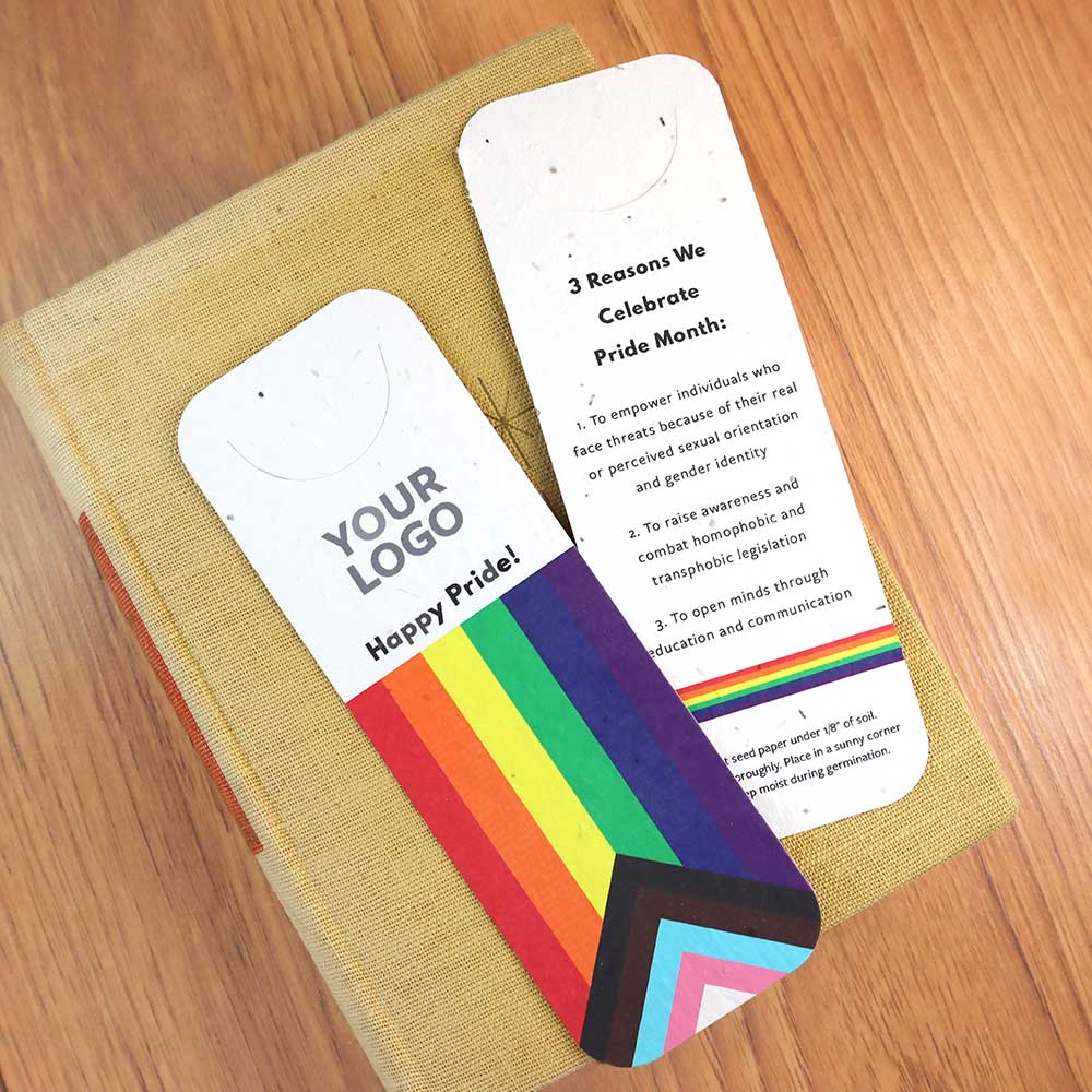 Plantable Pride Bookmarks with pride flag artwork and 3 reasons to celebrate Pride month.