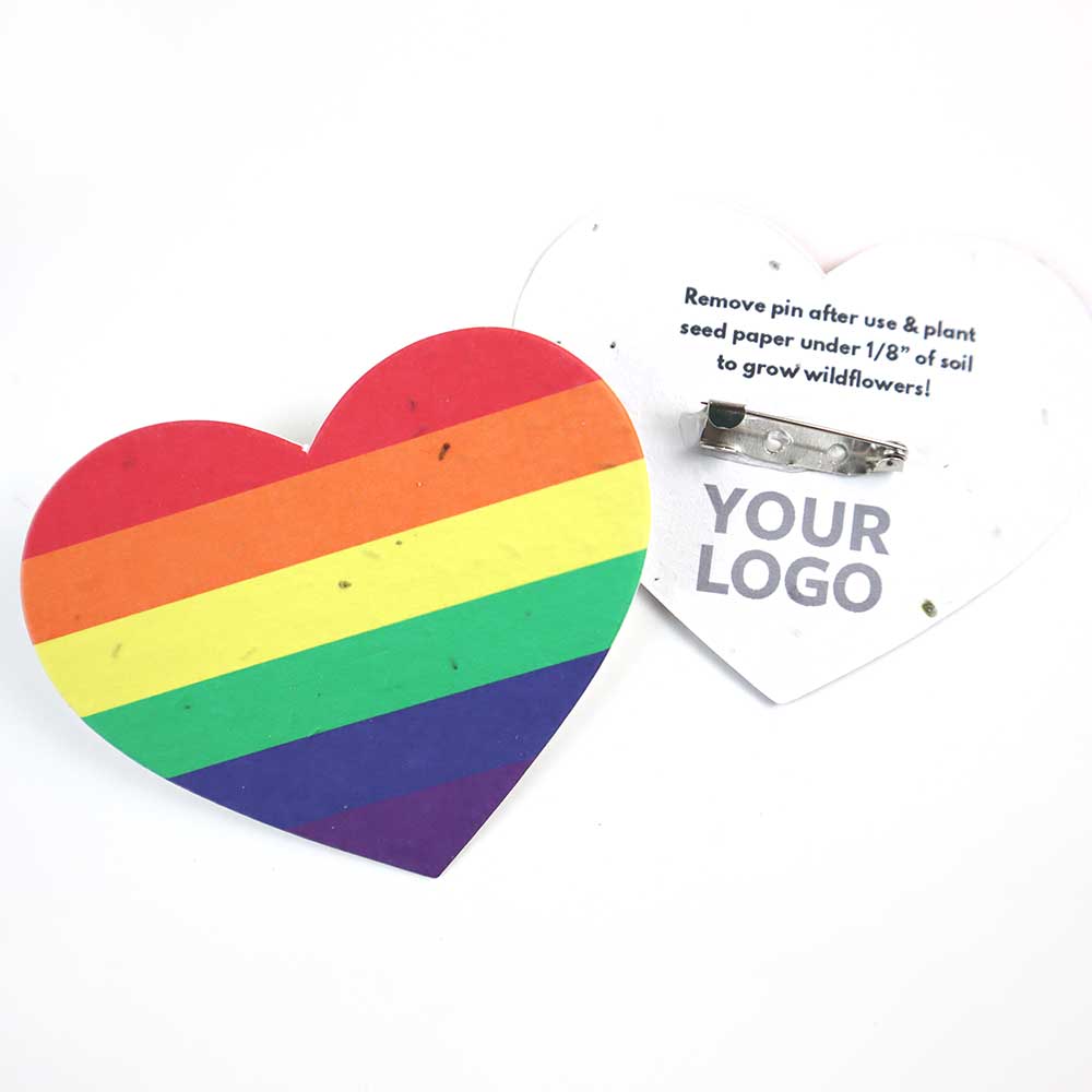 A Pride Heart Button Badge printed on seed paper that you can add your logo to.