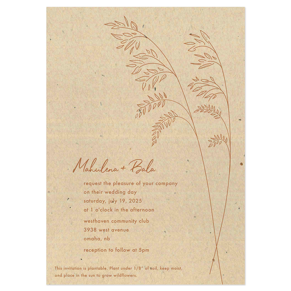 Soft line art wild grass wedding invitation design with light brown colors shown on seed paper.