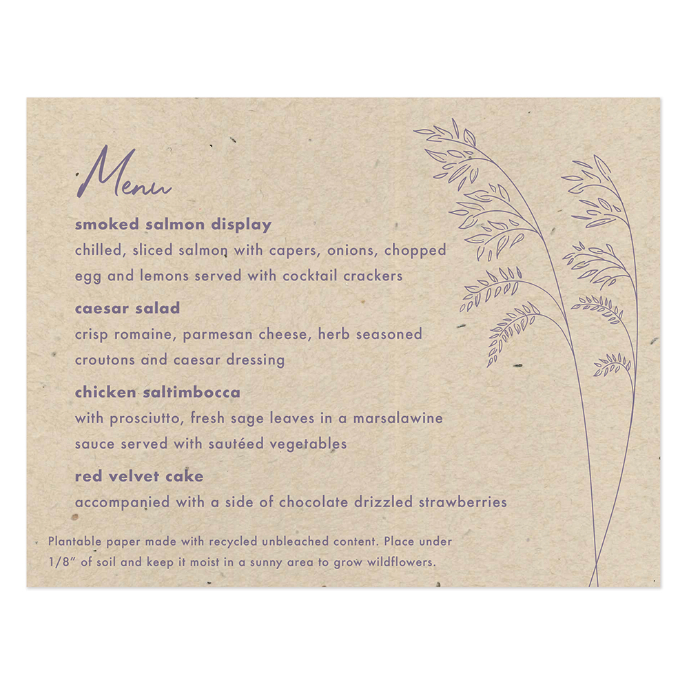 Plantable seed paper menu cards embedded with carrot seeds and decorated with a wild prairie grass stem design in light brown