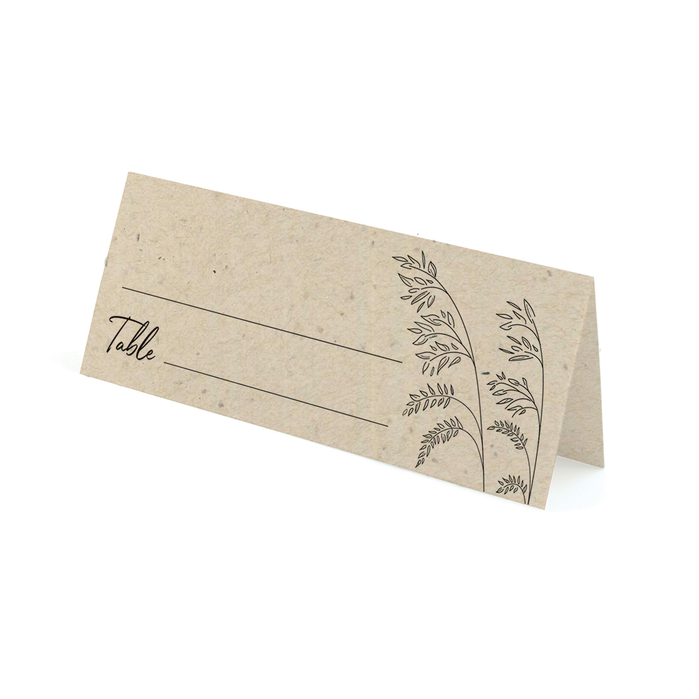 Plantable seed paper place cards featuring an elegant design of wild prairie grass stems in light brown