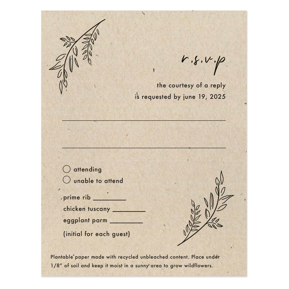 Seed paper reply cards with line art of wild grass stems in a light brown color