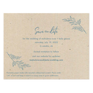 Wild grass save-the-date design on light brown seed paper.