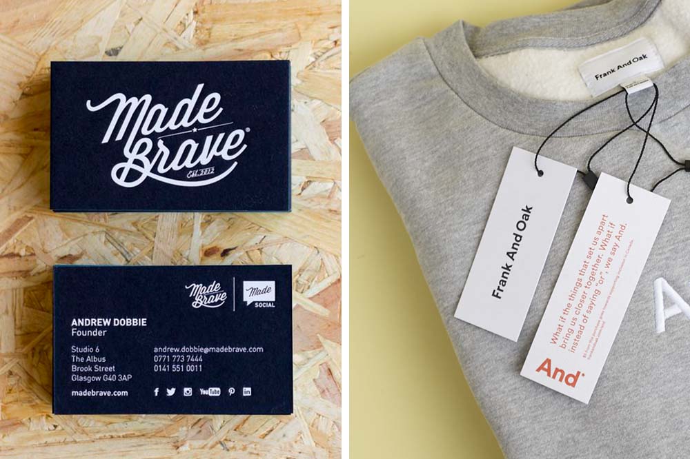 Frank and Oak hang tag and Made Brave business cards
