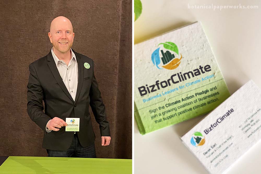 BizforClimate team members presenting seed paper business cards and coasters at The Winnipeg Chamber of Commerce (WCC) Luncheon
