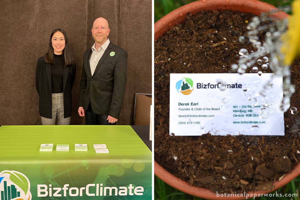 BizforClimate team members presenting seed paper business cards and coasters at The Winnipeg Chamber of Commerce (WCC) Luncheon