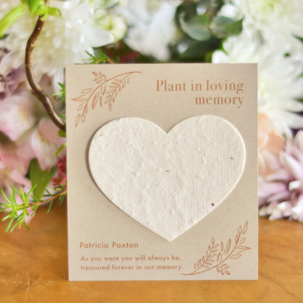 memorial seed paper favor card with a plantable heart shape