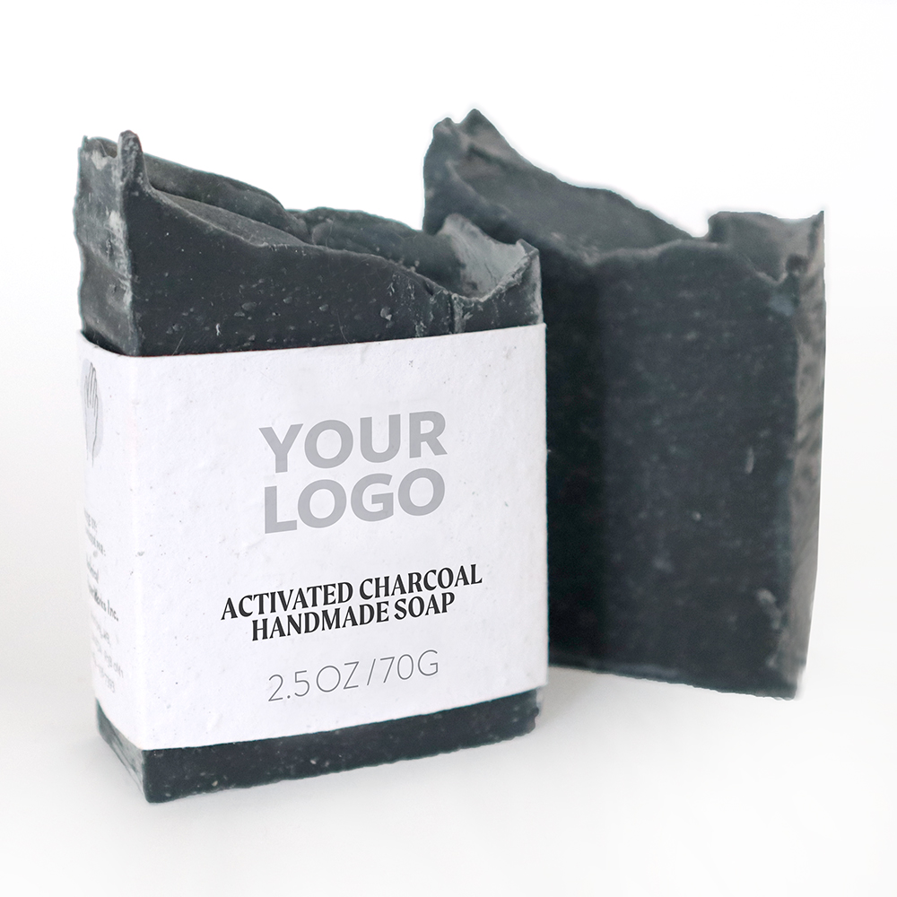 Activated charcoal handmade promotional soaps with label showing where your logo will go