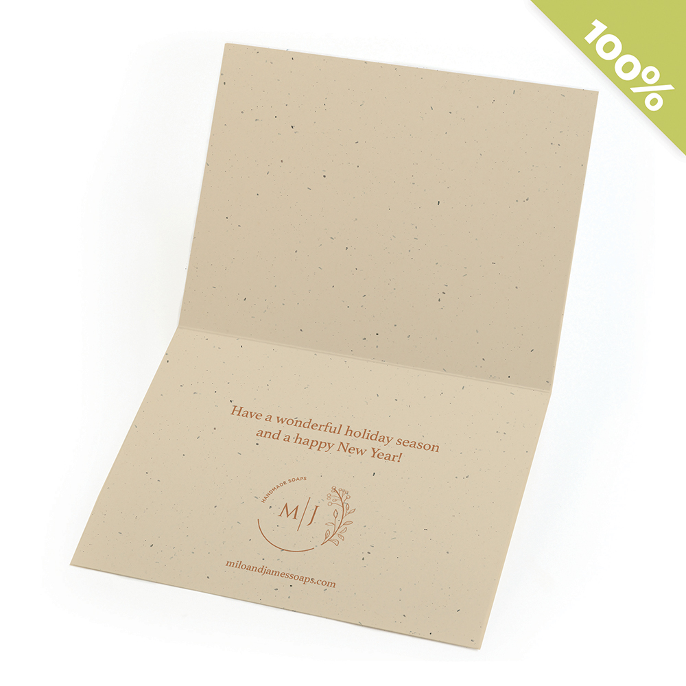 Inside view of the Nature's Joy Business Holiday Cards featuring a custom printed logo and URL