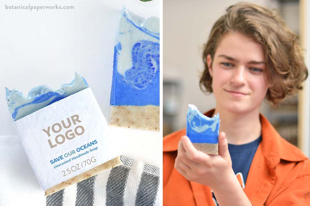 A Save Our Oceans custom-branded handmade soap bar for business promotions from Botanical PaperWorks 