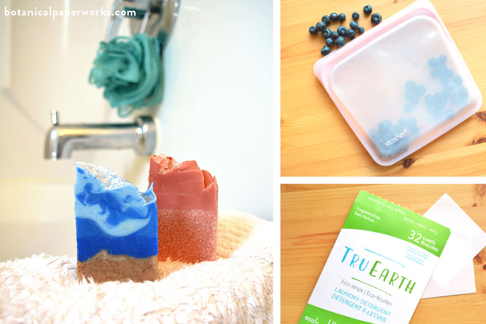 eco-living products including handmadesoap, stasher freezer bags, and TruEarth laundry strips
