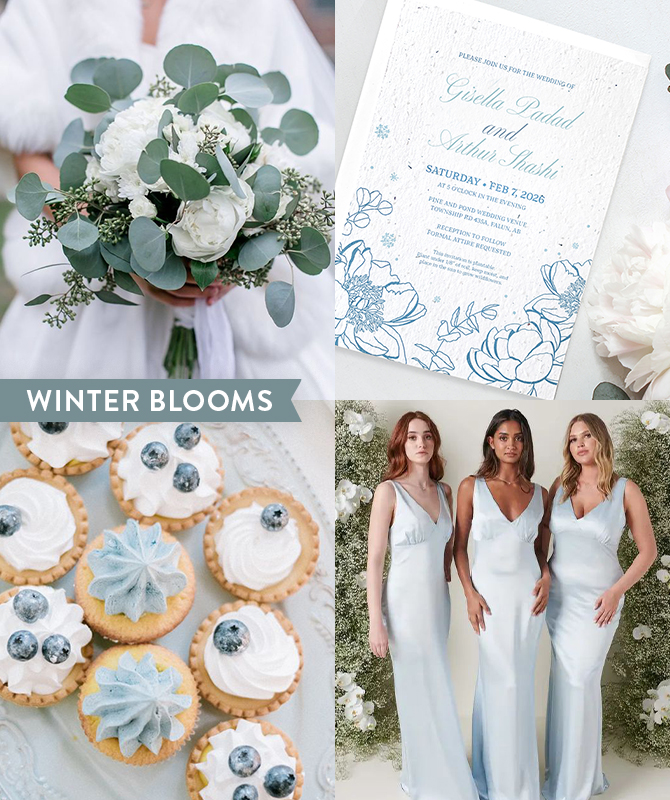 winter blooms wedding inspiration with frosty florals and plantable seed paper wedding invitations