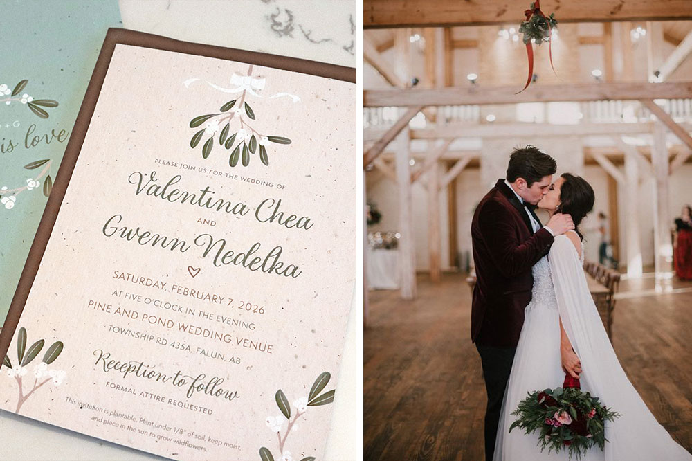 mistletoe plantable seed paper wedding invites from Botanical PaperWorks and a couple kissing