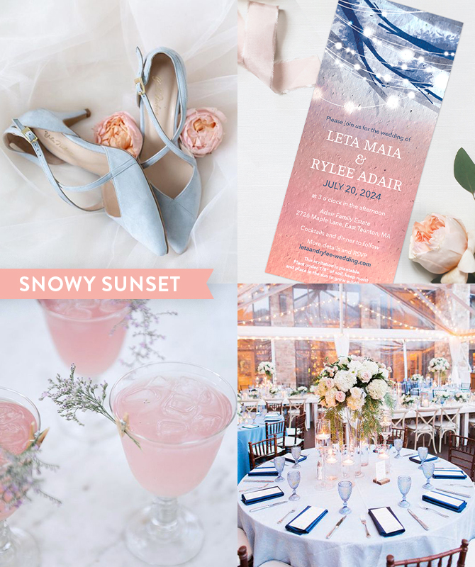 snowy sunset winter wedding inspiration with long plantable seed paper wedding invitations