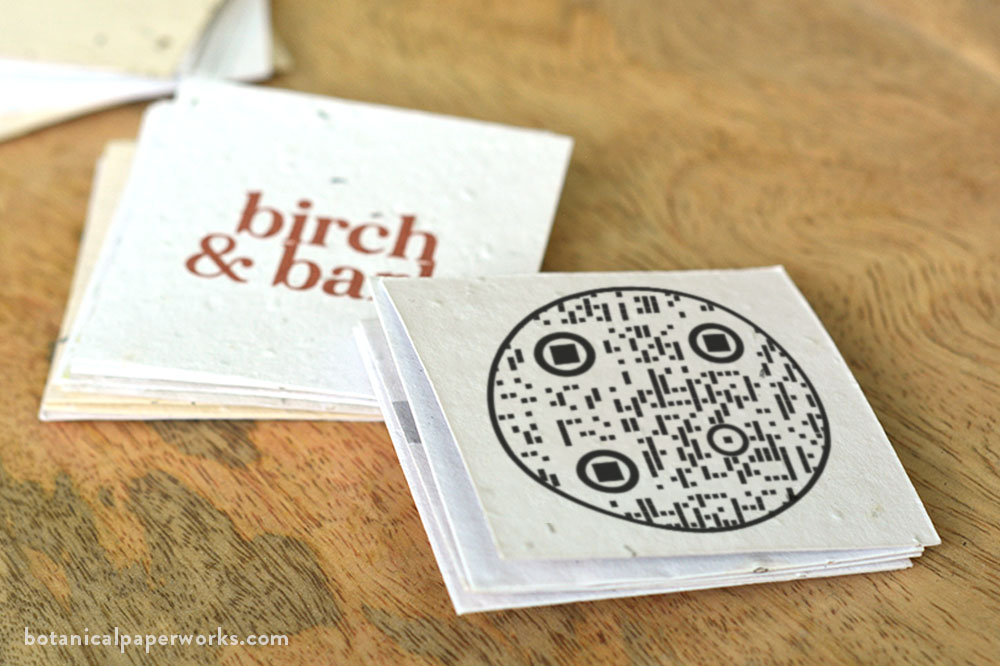 QR code printed on seed paper business cards