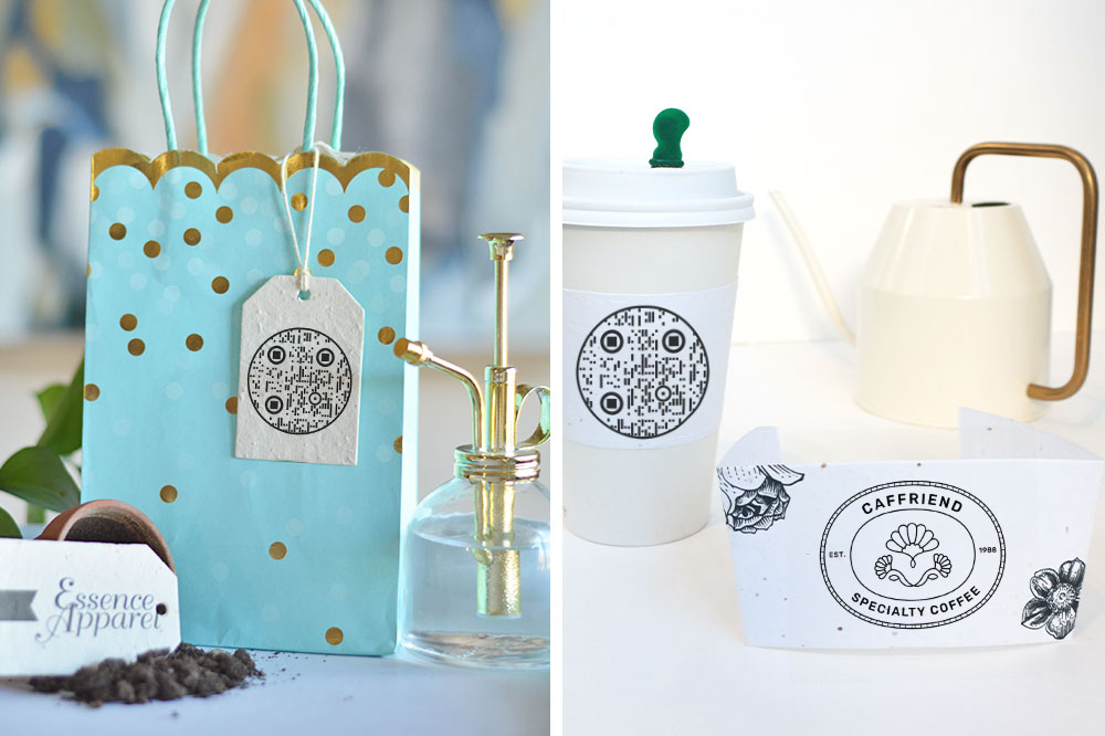 QR codes printed on seed paper coffee sleeves and product hang tags
