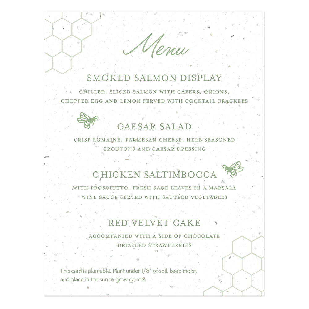 Seed paper menu card for weddings featuring two honey bees
