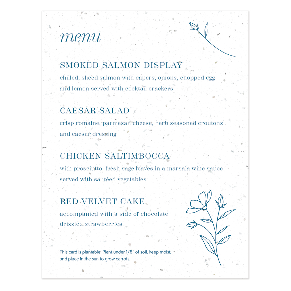A plantable menu card for weddings featuring a minimalist, floral design