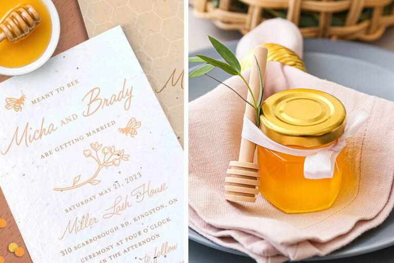 Seed paper wedding invitations featuring honey bees next to honey wedding favors