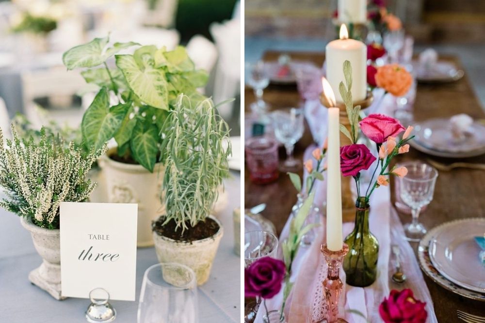 potted plant and paper flower centerpieces on a wedding tablescape