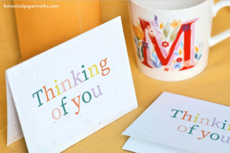 seed paper card that reads "thinking of you"