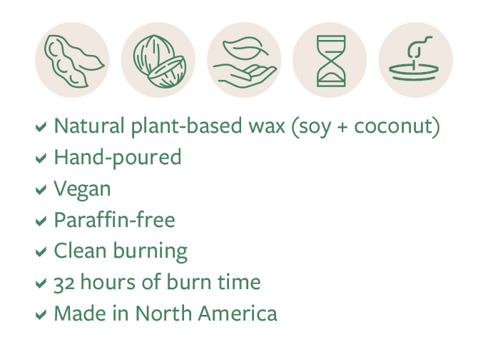 List of features for custom logo candles. Hand-poured, natural soy and coconut wax, vegan, paraffin-free, clean burning, 32 hours burn time, made in North America.
