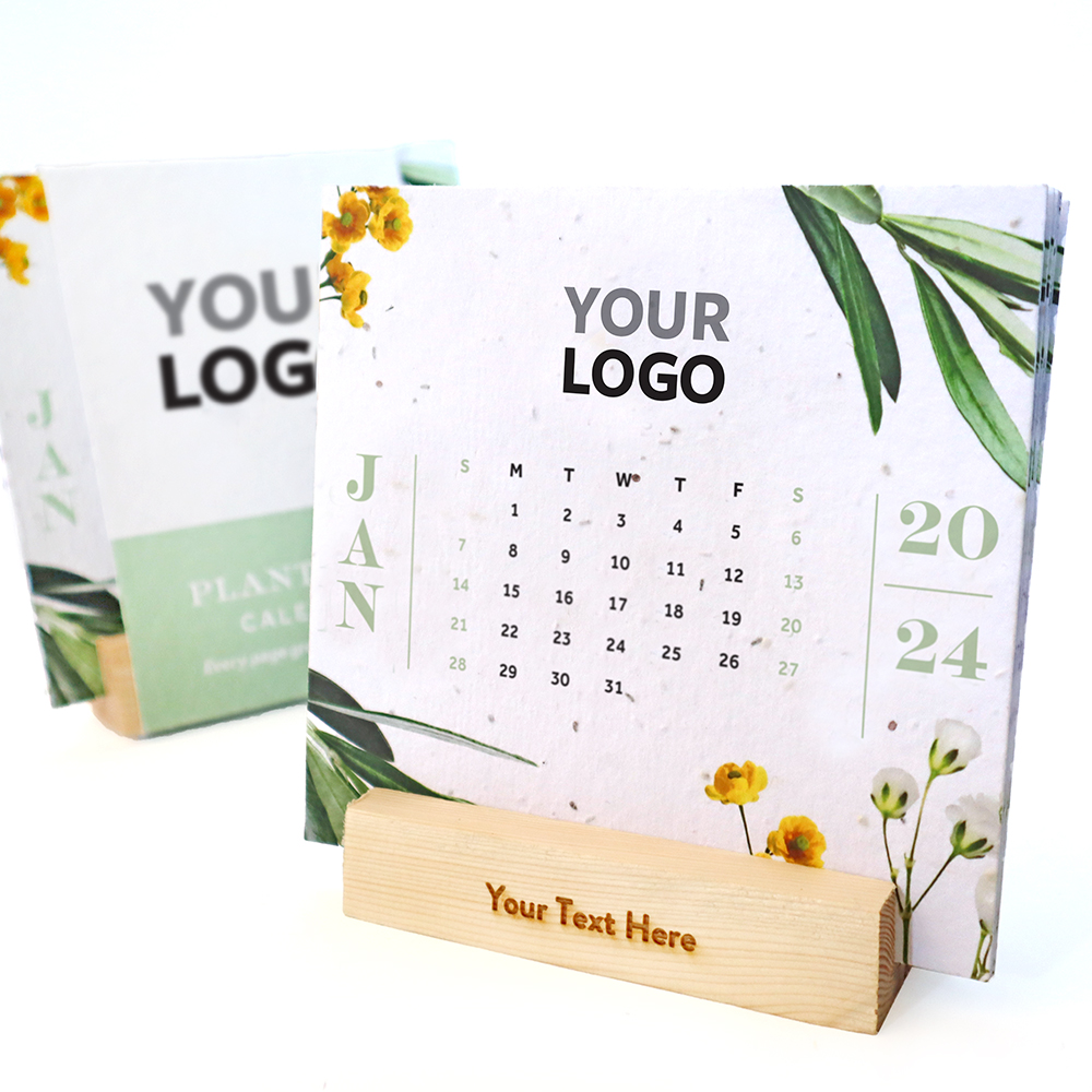 A seed paper calendar with an upcycled wood stand engraved with your company name.