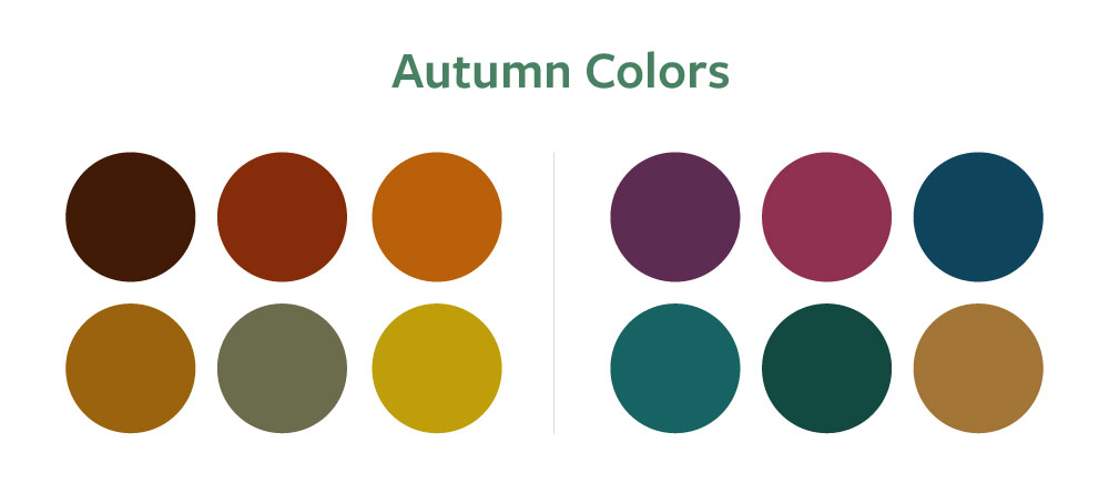 Autumn color palettes. Left side has warm tones and the right side has jewel tones. 