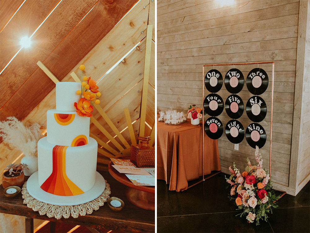 On the left, there is a three-tiered cake with bright retro-inspired shapes. On the right, there is a wedding seating chart made from vinyl records. 