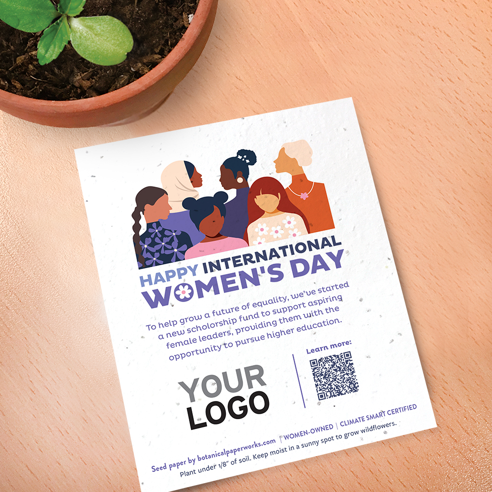 A seed paper donation card with a design showing a group of diverse women for International Women's Day. A custom logo, message, and QR code is shown.