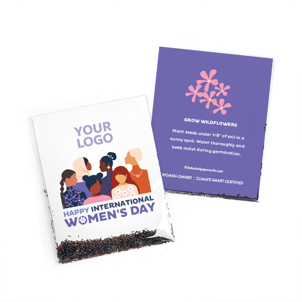 A seed packet with an illustrated graphic representing diverse women for International Women's Day.