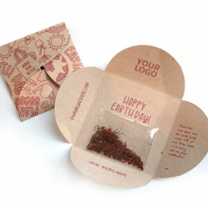 A seed paper petal card with a seed packet inside designed for Earth Day.