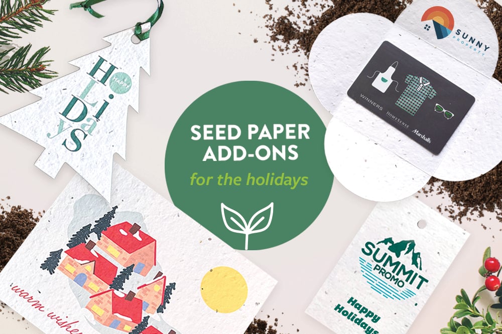 A mix of seed paper holiday products with text that says "seed paper add-ons for the holidays"