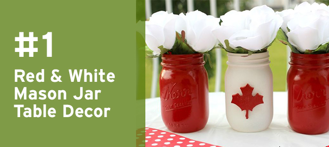 Celebrate #CanadaDay with this adorable red and white #masonjar #tabledecor! Find MORE Canada Day celebration ideas here.