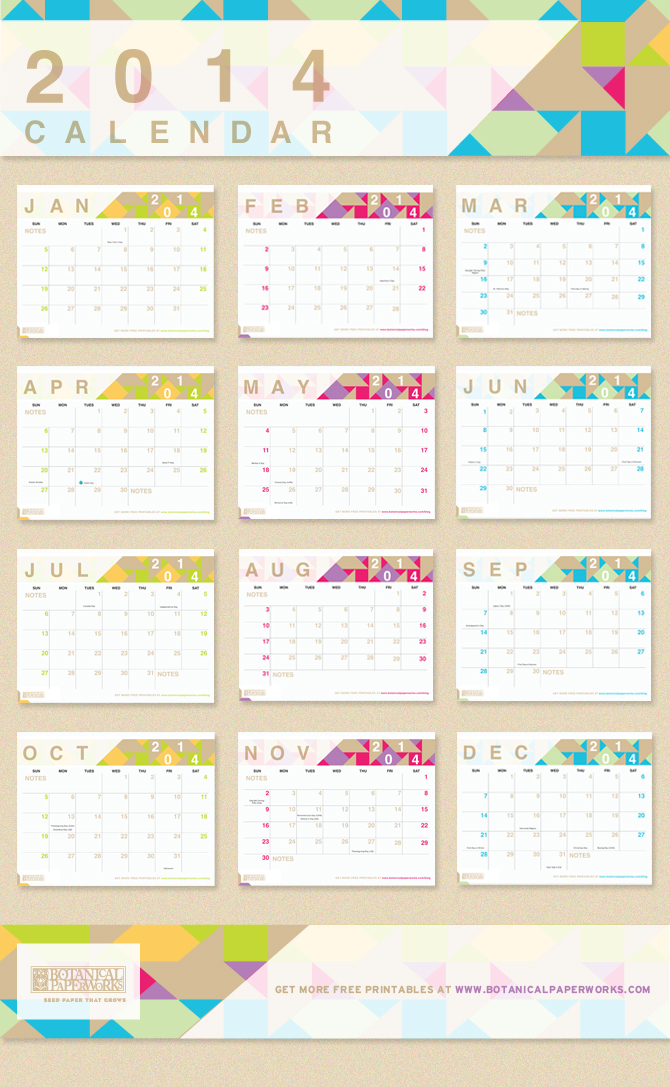 To help you excitedly plan vacations and important events in the new year, here is a fun and bright geometric 2014 Monthly Calendar...oh ya, and it's totally free!