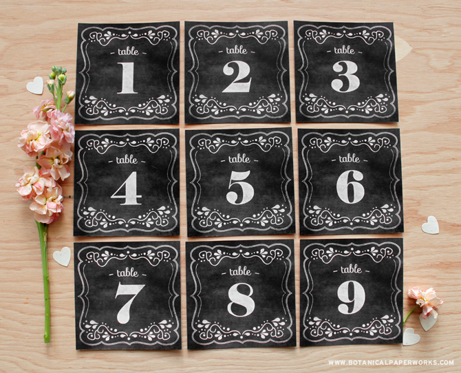 How great are these - Free printable Chalkboard Wedding Table Numbers from botanicalpaperworks.com